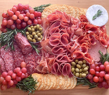 Load image into Gallery viewer, charcuterie, meat platter, charcuterie platter, serrano ham, prosciutto, salami, soppressata, olives, brie cheese, saucisson sec