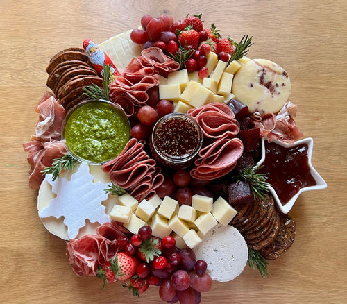 Assorted meats, cheeses, and fruits arranged in a circular platter on a wooden surface.