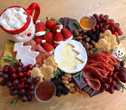 christmas gift, gift platter, edible gift, brie cheese, salami, honey, chocolate, cheese platter