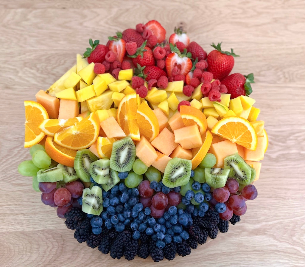 fruit platter, colorful platter, fresh fruits, berries, oranges, mango