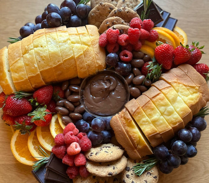 birthday platter, sweet platters with cake, chocolate, almonds, fresh berries