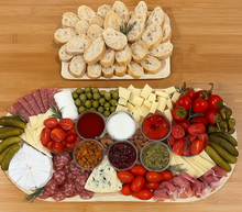 Load image into Gallery viewer, bruschetta, bruschetta platter, spreads, bruschetta board, basil pesto, olive tapenade, cheese platter, charcuterie platter