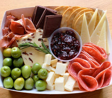 Load image into Gallery viewer, cranberry cheese, wensleydale cranberry cheese, salami, green olives, cheese box, graze box