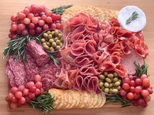 Load image into Gallery viewer, charcuterie, meat platter, charcuterie platter, serrano ham, prosciutto, salami, soppressata, olives, brie cheese, saucisson sec