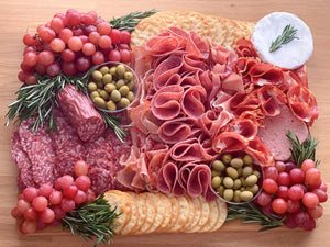 charcuterie, meat platter, charcuterie platter, serrano ham, prosciutto, salami, soppressata, olives, brie cheese, saucisson sec