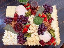 Load image into Gallery viewer, midnight moon cheese, chevre rosemary, manchego, truffle cheddar cheese, parmesan, asiago, cheese platter, overwood, kosher platter, vegan platter